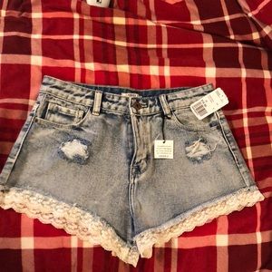 Forever 21 lace trim high waist denim shorts